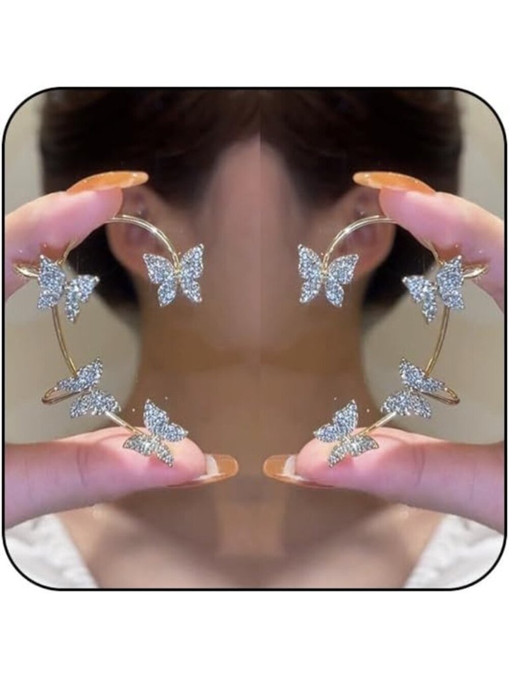 Women's Gold Alloy Butterfly Ear Rhinestone Wrap No Piercing Cuff Clip Earrings